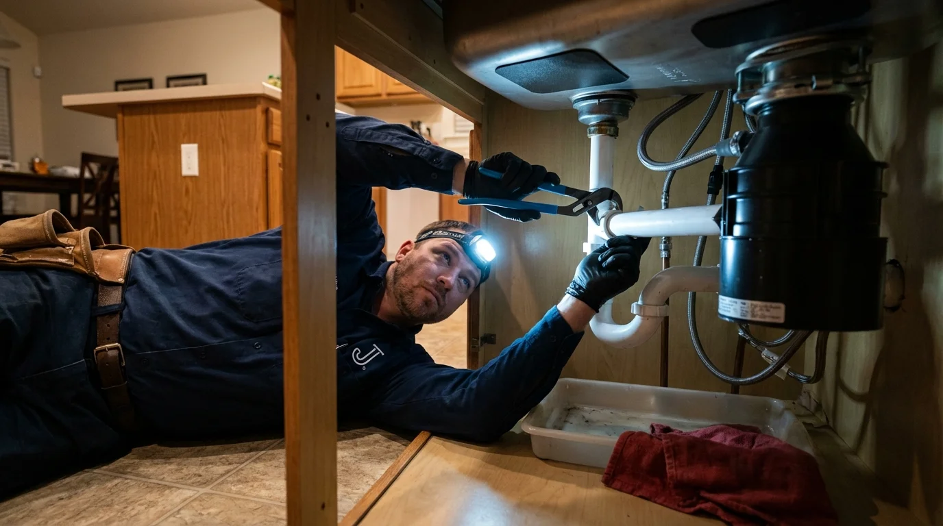 P-trap and supply line connections under a kitchen sink showing a common leak point in Maricopa, AZ